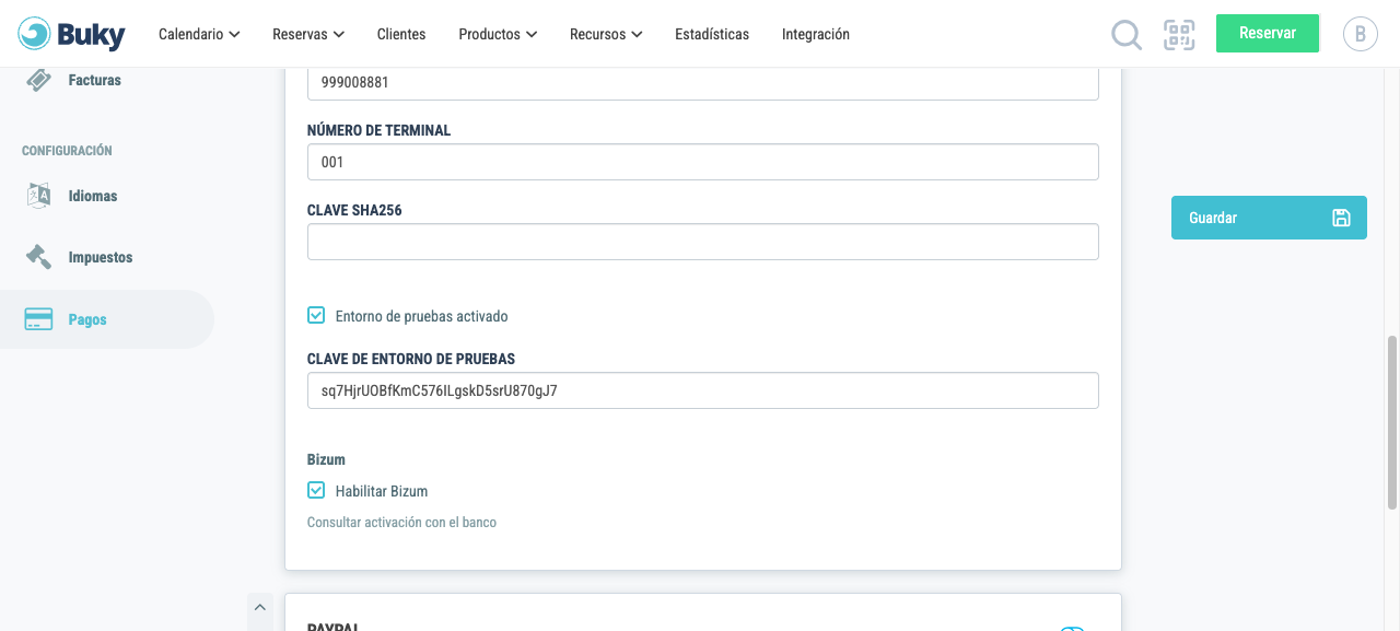 Opción de habilitar Bizum dentro de la configuración de Redsys