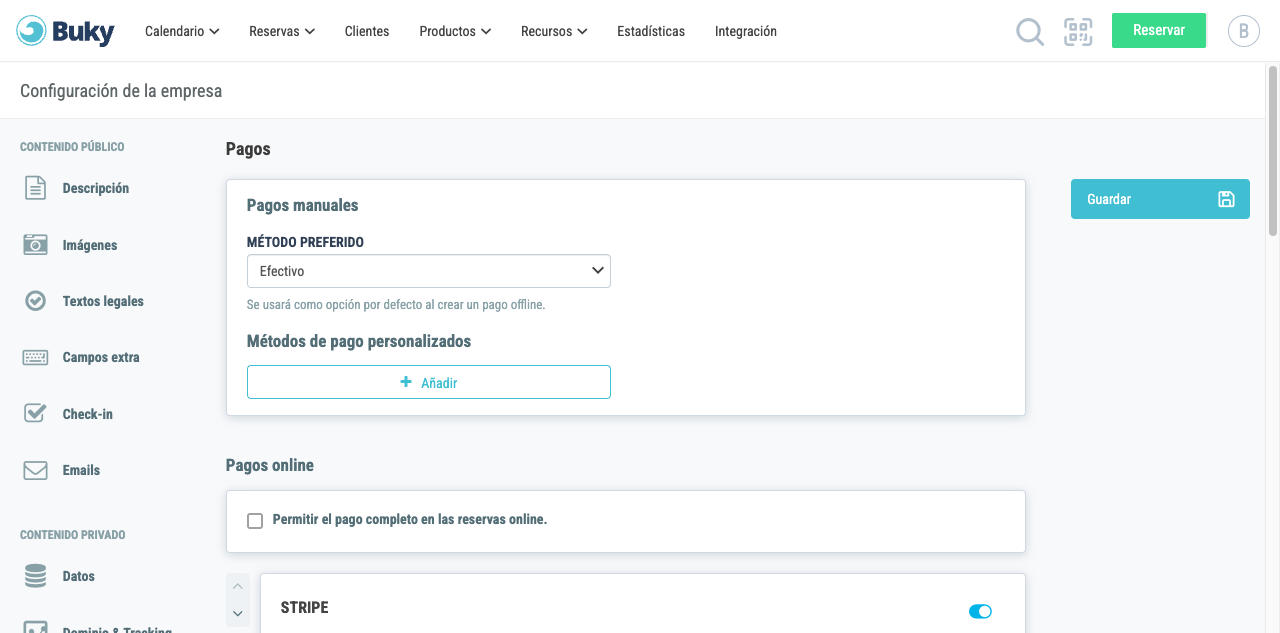 Sección de pagos en la configuración de la empresa