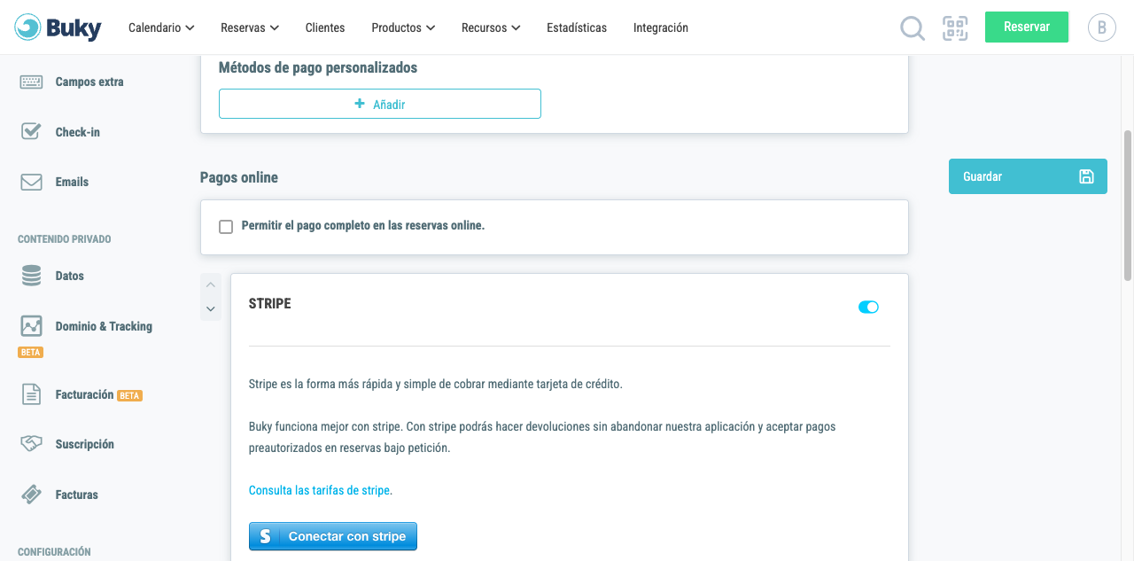 Bloque de Stripe con la descripción y el botón de conexión