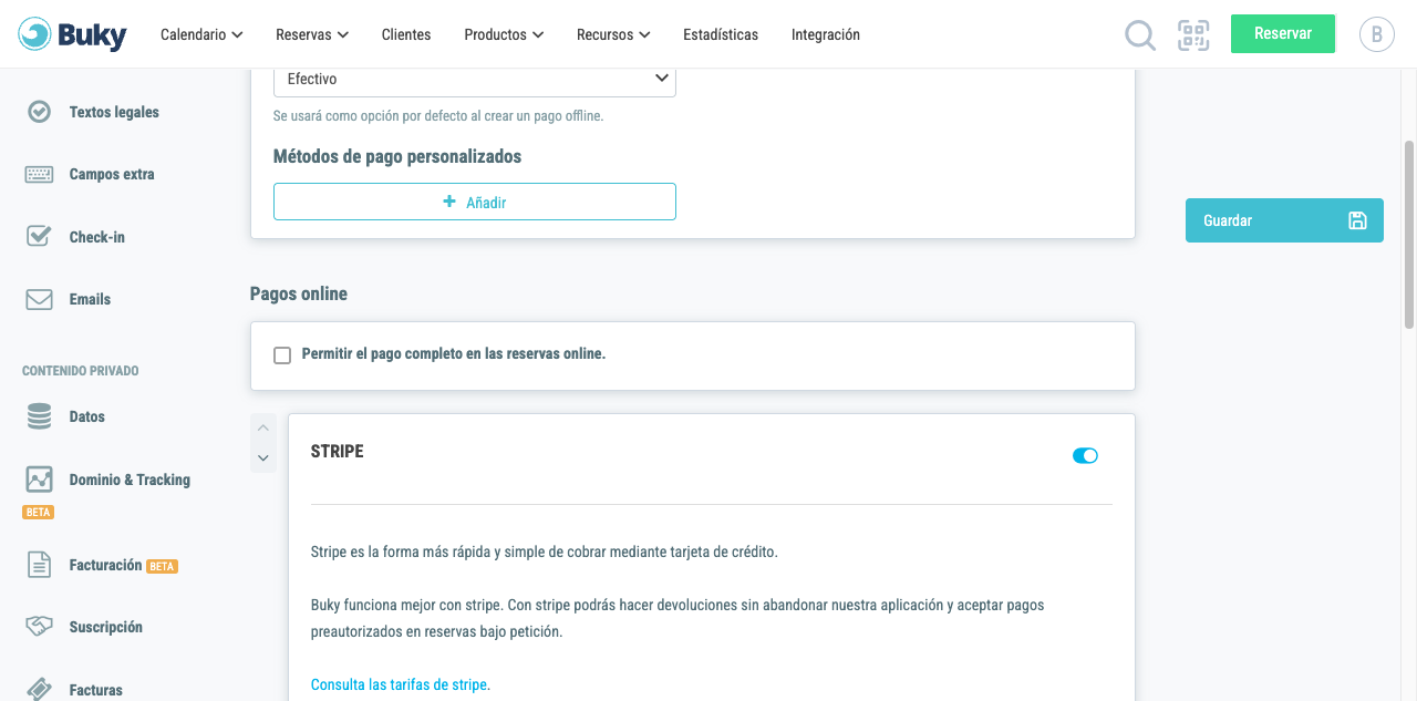 Sección de pagos online con Stripe activado y los controles de orden