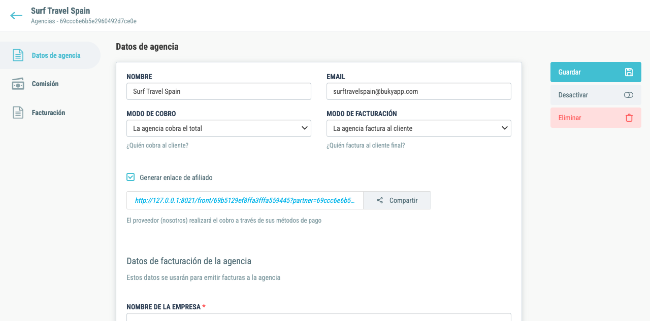 Enlace de afiliado activo con URL y botón Compartir