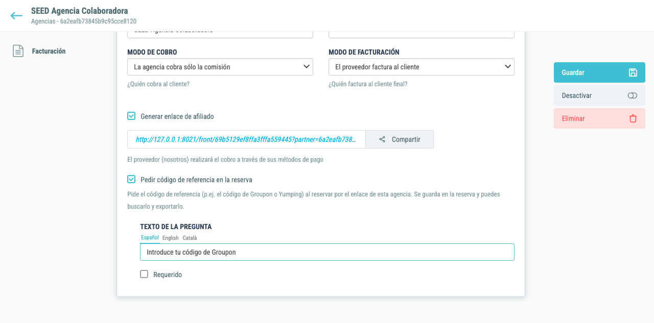 Configuración del código de referencia en la ficha de la agencia