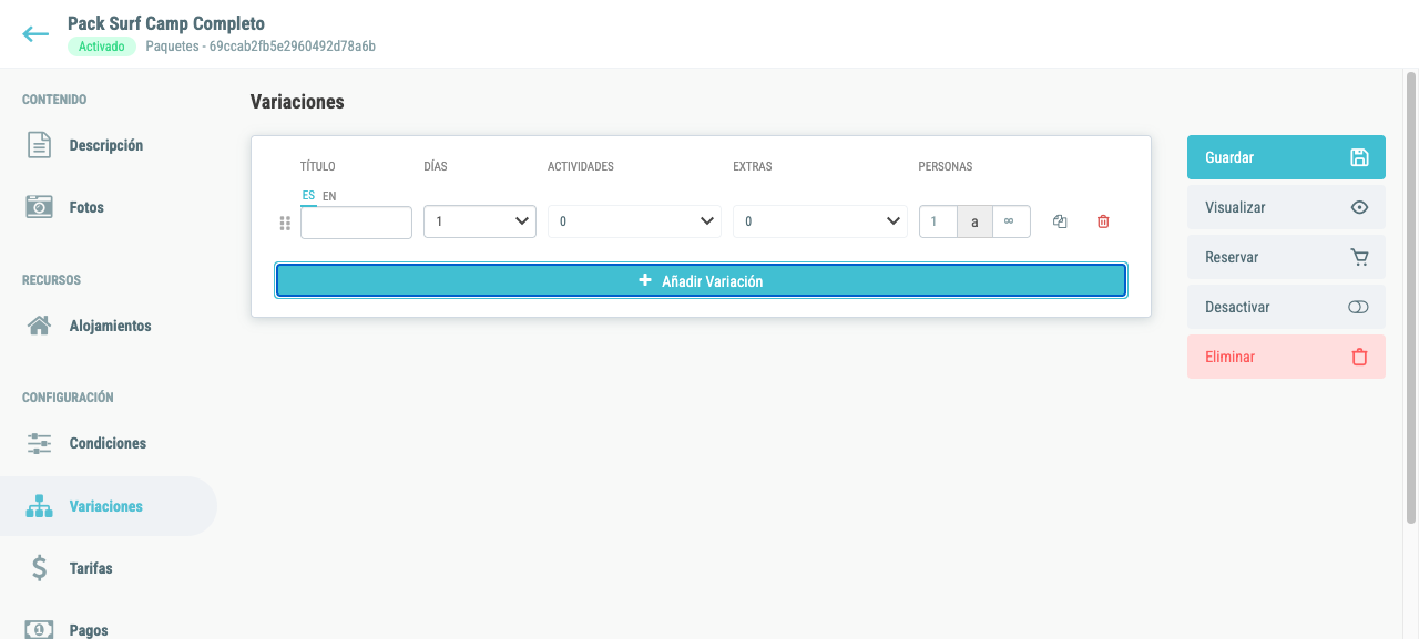Pestaña Variaciones con campos de configuración