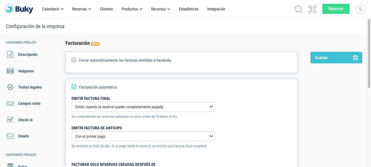 Sección de facturación en la configuración mostrando las opciones de Verifactu y facturación automática