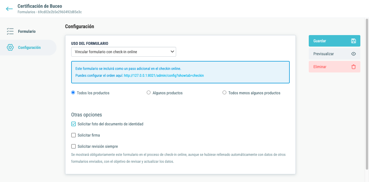 Configuración de check-in online en un formulario