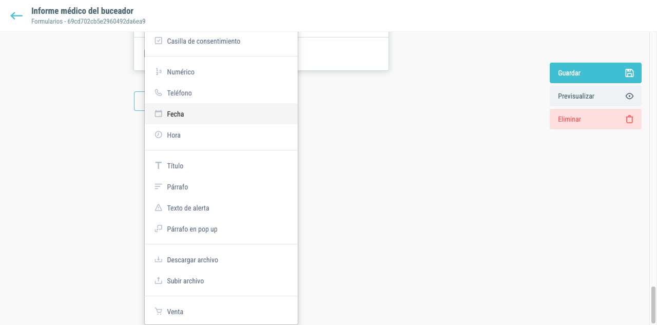 Tipo de campo «Venta» en el desplegable del editor de formularios