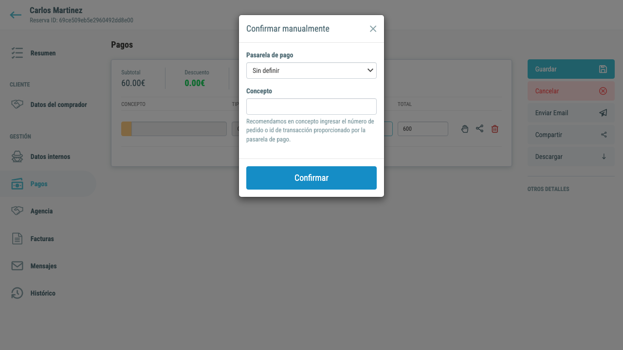 Modal de confirmacion manual vacio