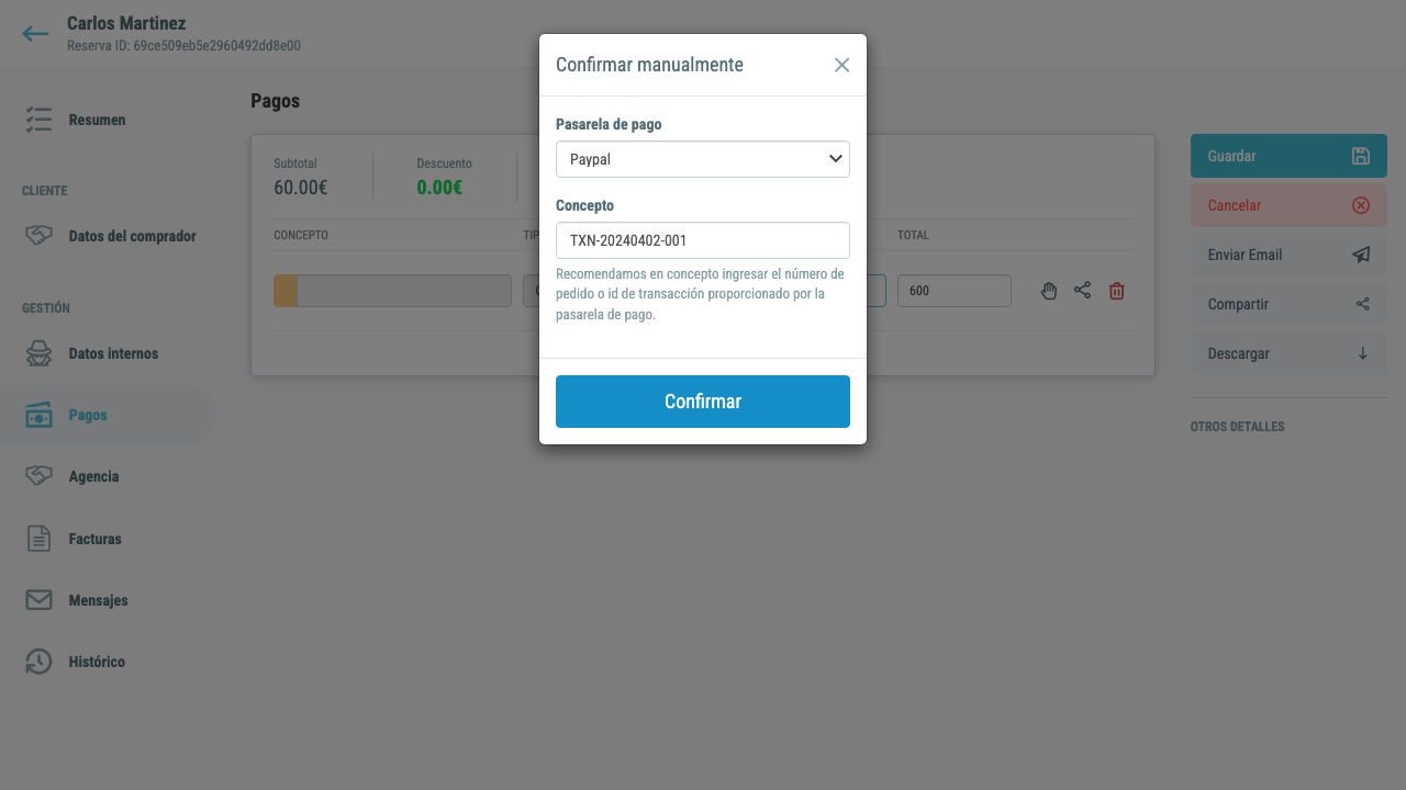 Modal relleno con PayPal y concepto