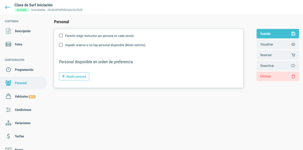 Pestaña Personal de una actividad en modo flexible