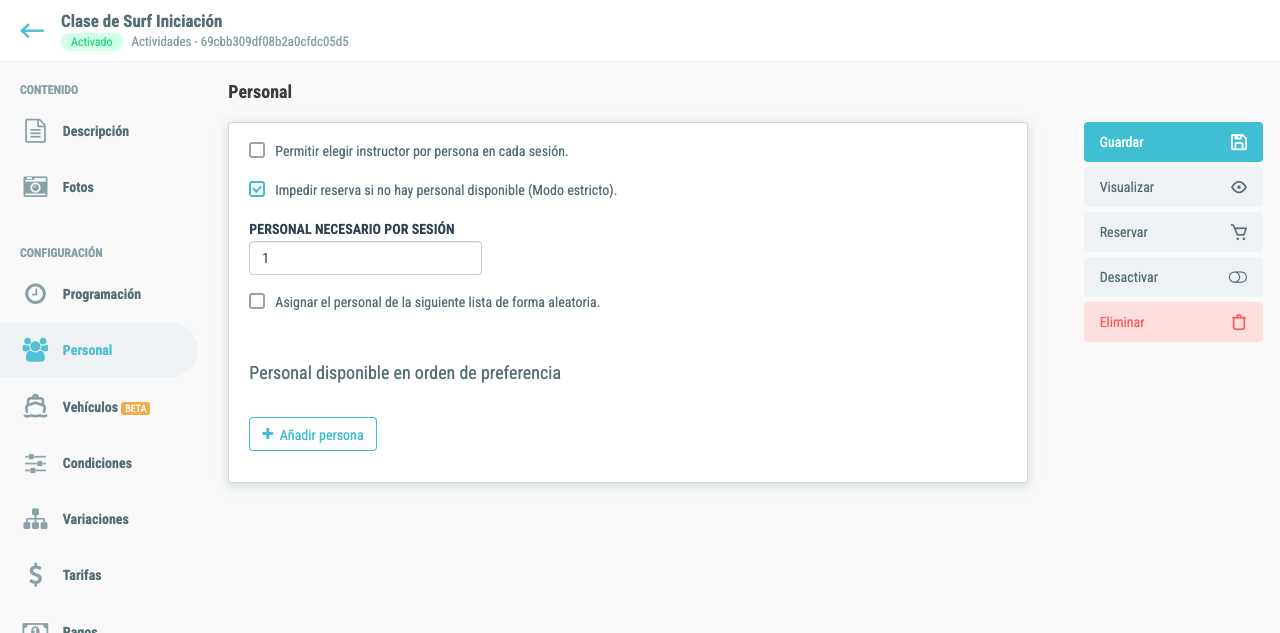 Pestaña Personal con modo estricto activado