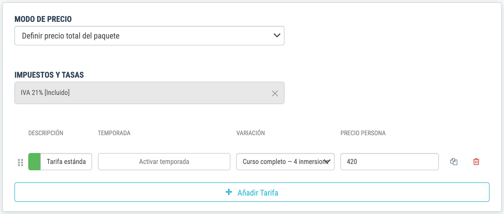 Pestaña Tarifas: Modo de precio «Definir precio total del paquete» y el precio cerrado del curso (420 €)
