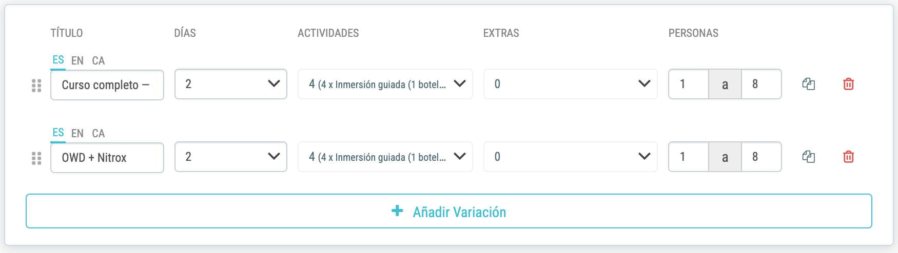 Dos modalidades del mismo curso como variaciones: el curso completo y «OWD + Nitrox»
