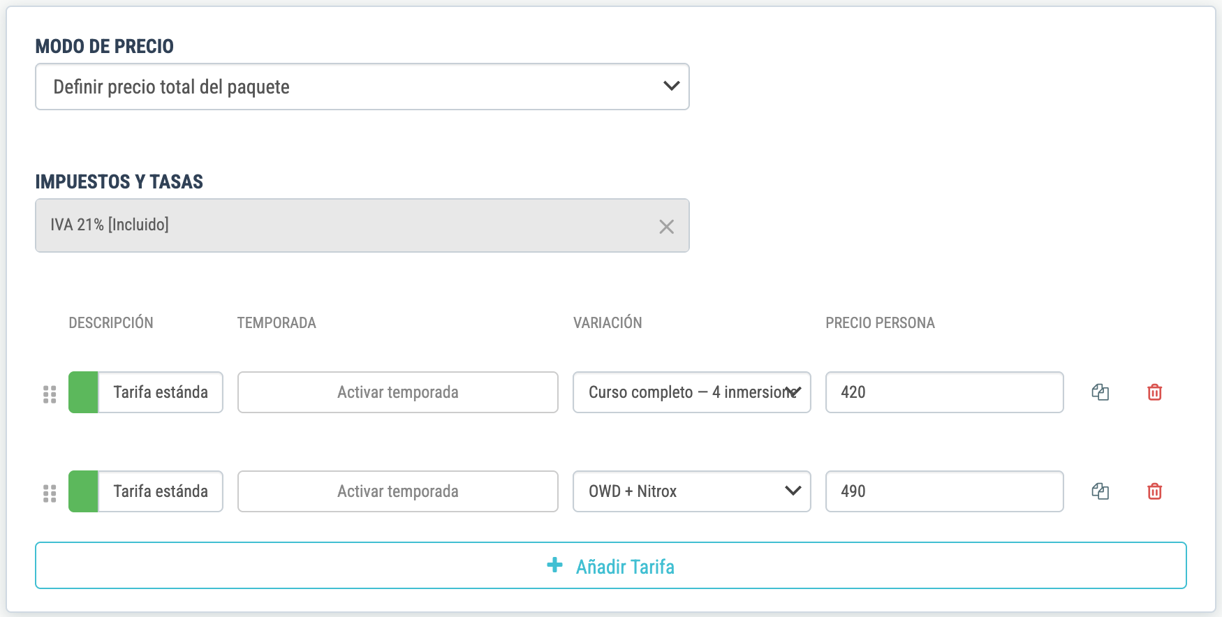 En Tarifas, cada variación lleva su propio precio cerrado (420 € y 490 €)