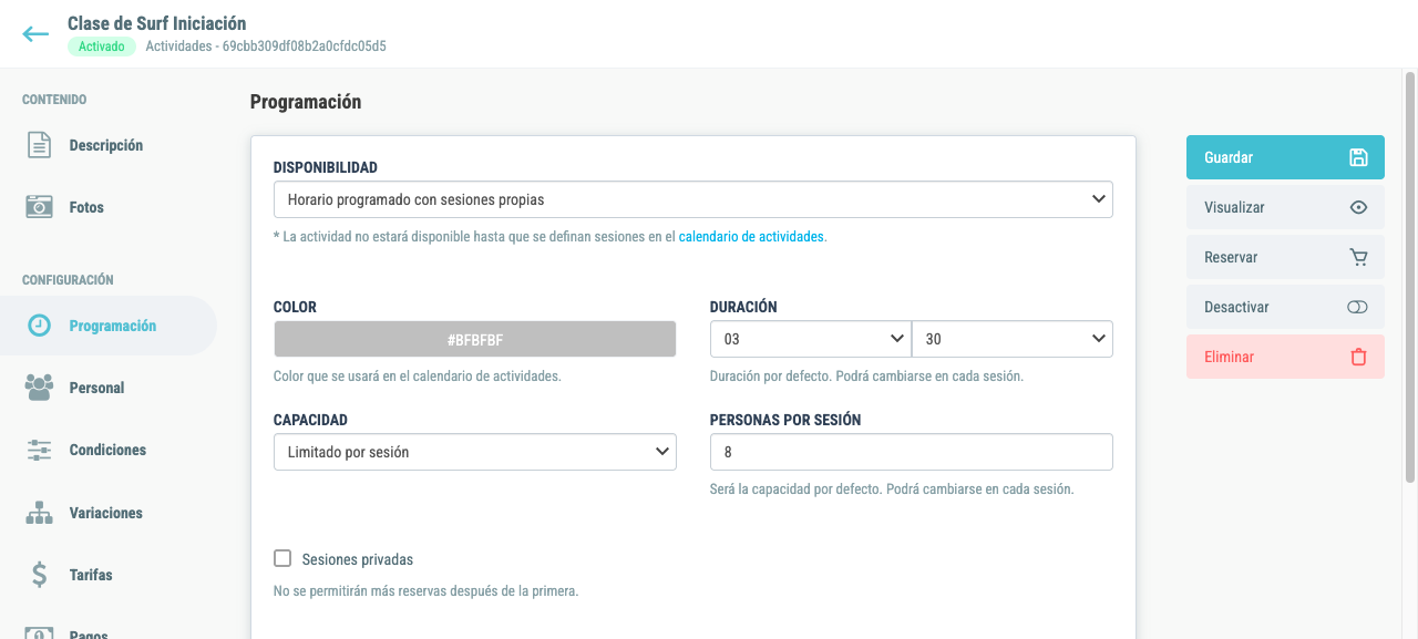Pestaña Programación del formulario de actividad