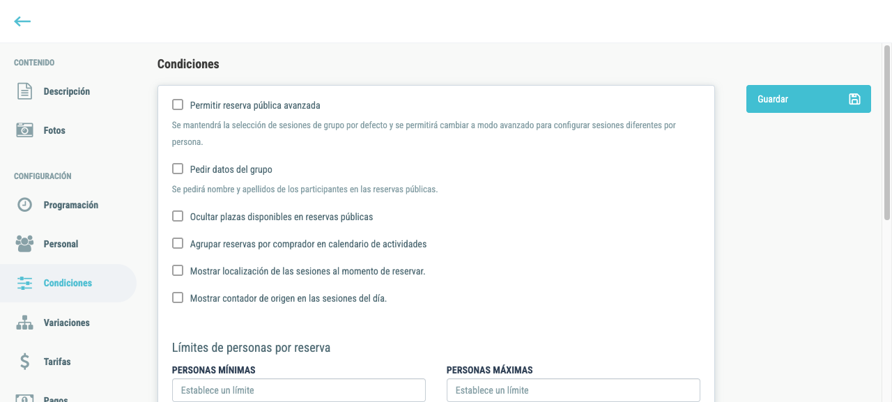 Pestaña Condiciones del formulario de actividad