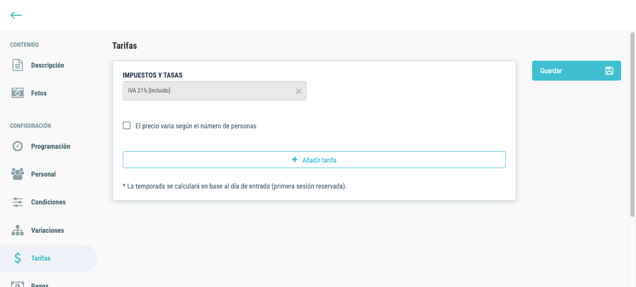 Pestaña Tarifas del formulario de actividad