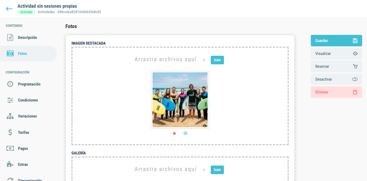 Pestaña Fotos del formulario de actividad — producto guardado