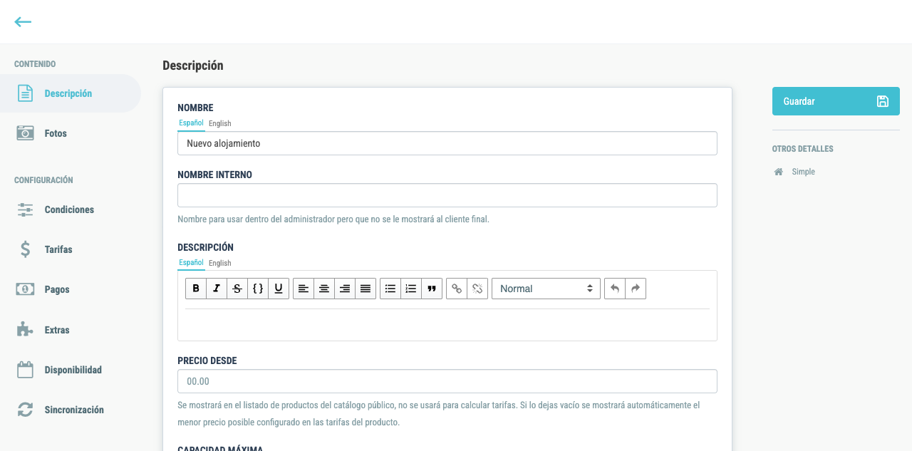 Pestaña Descripción del formulario de creación