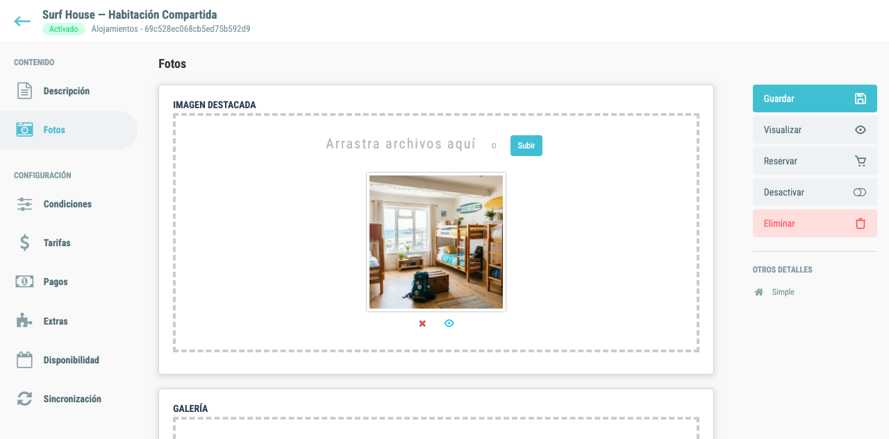Pestaña Fotos con los uploaders de imagen destacada y galería