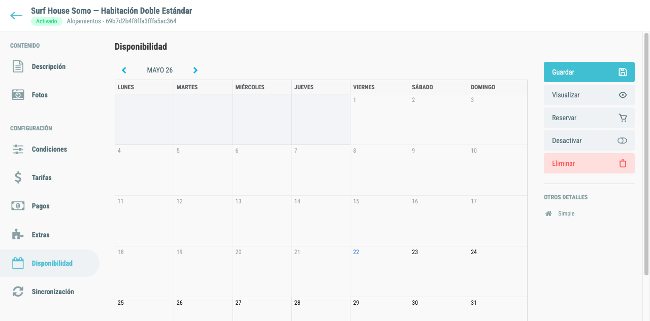 Pestaña Disponibilidad con el calendario