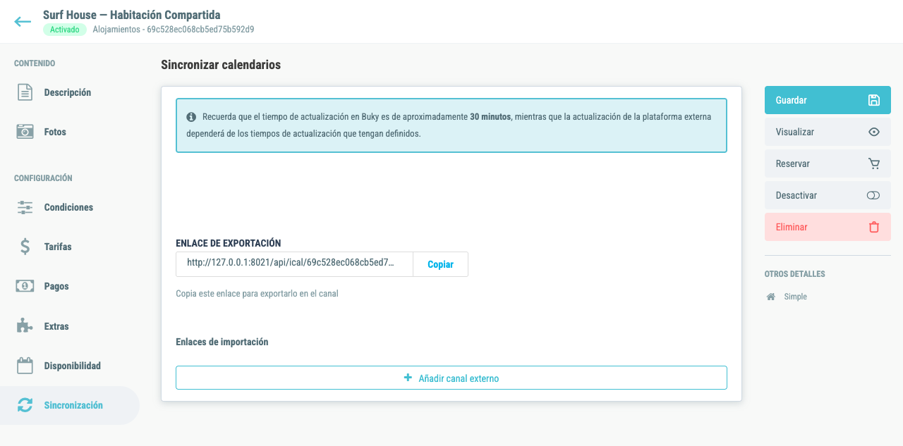 Pestaña Sincronización con la configuración iCal