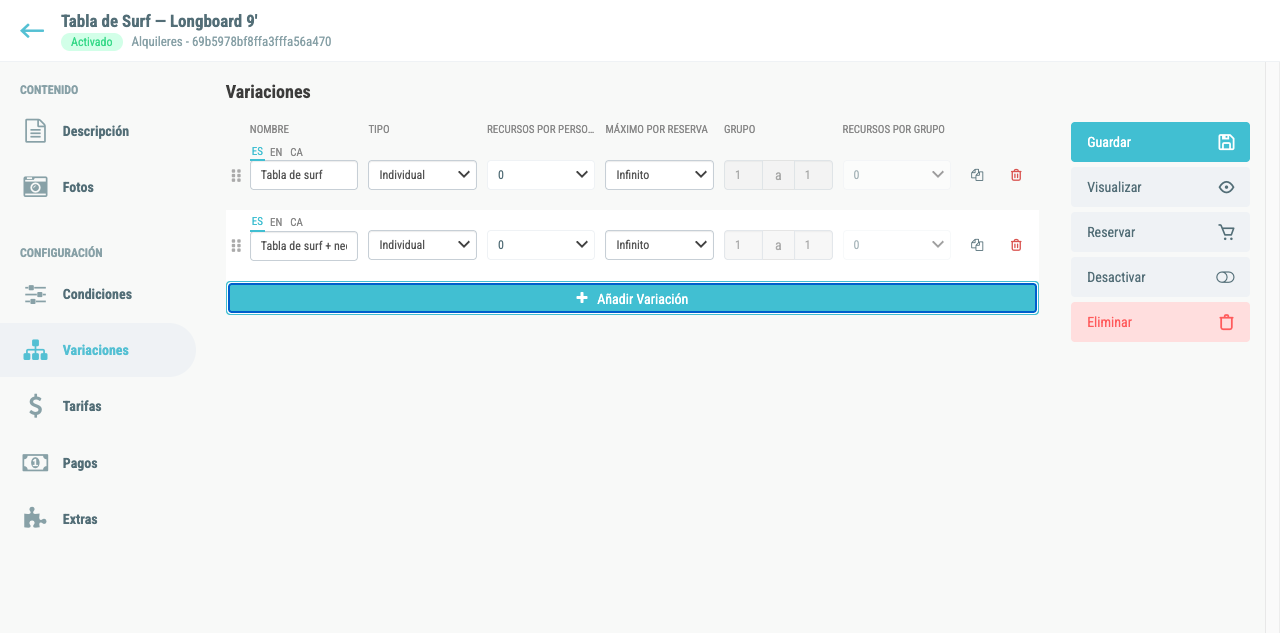 Pestaña de variaciones del alquiler con dos opciones: Tabla de surf y Tabla de surf + neopreno