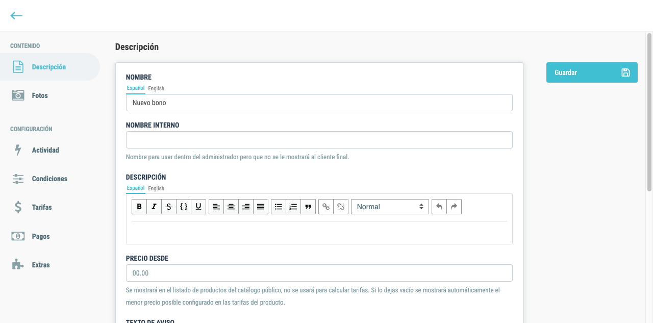 Ficha de un bono recién creado con la pestaña Descripción