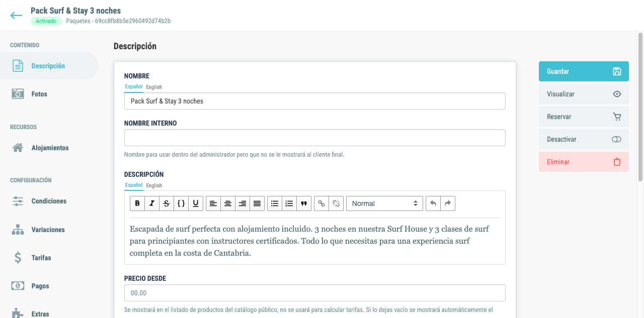 Formulario de descripción del pack