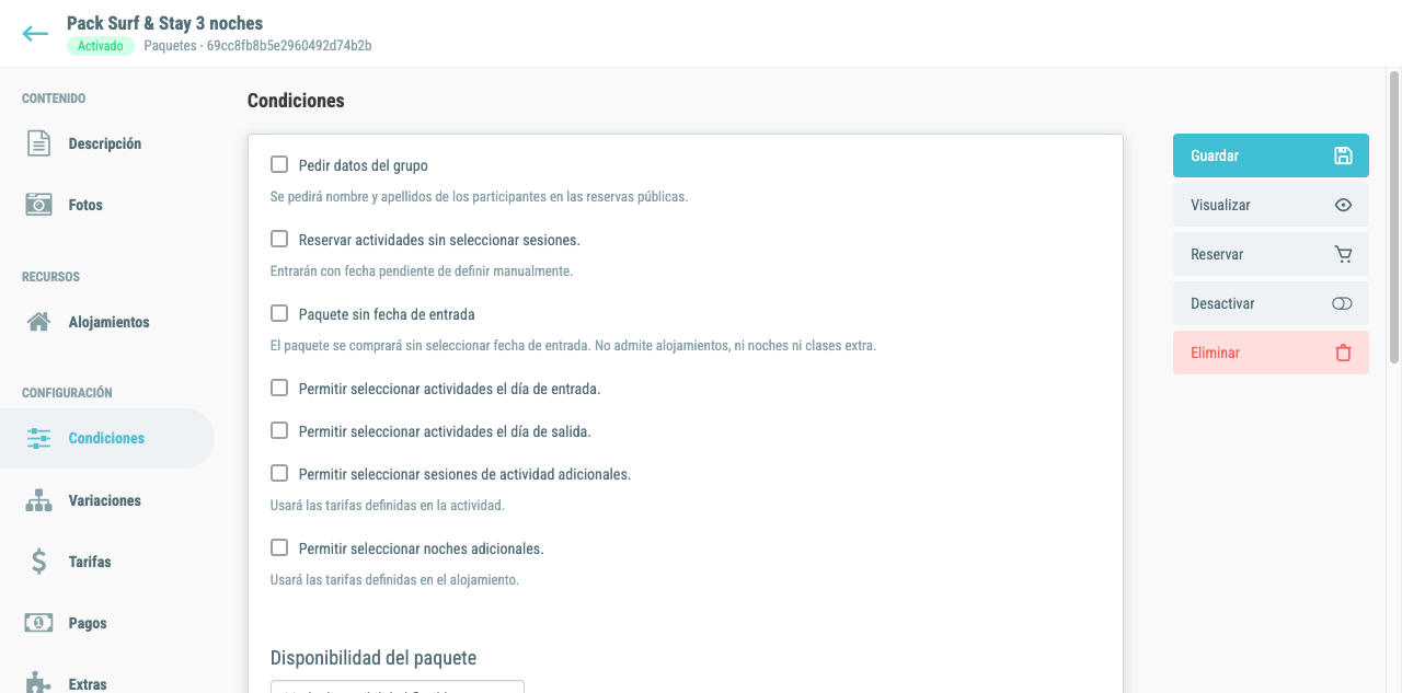 Pestaña de condiciones del pack