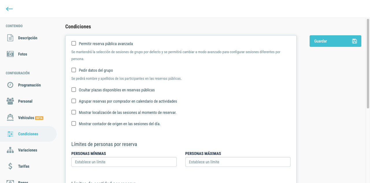 Pestaña Condiciones con opciones de reserva y límites de participantes