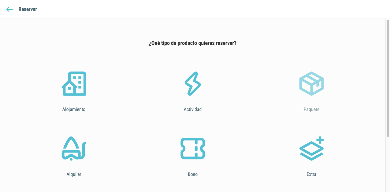 Selector de tipo de producto con seis opciones: Alojamiento, Actividad, Paquete, Alquiler, Bono, Extra y Personalizado