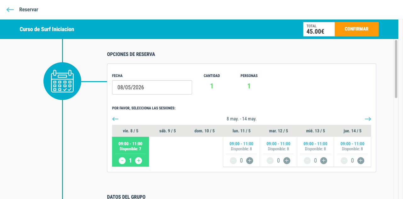 Configurador de producto con calendario, sesiones disponibles y selector de participantes