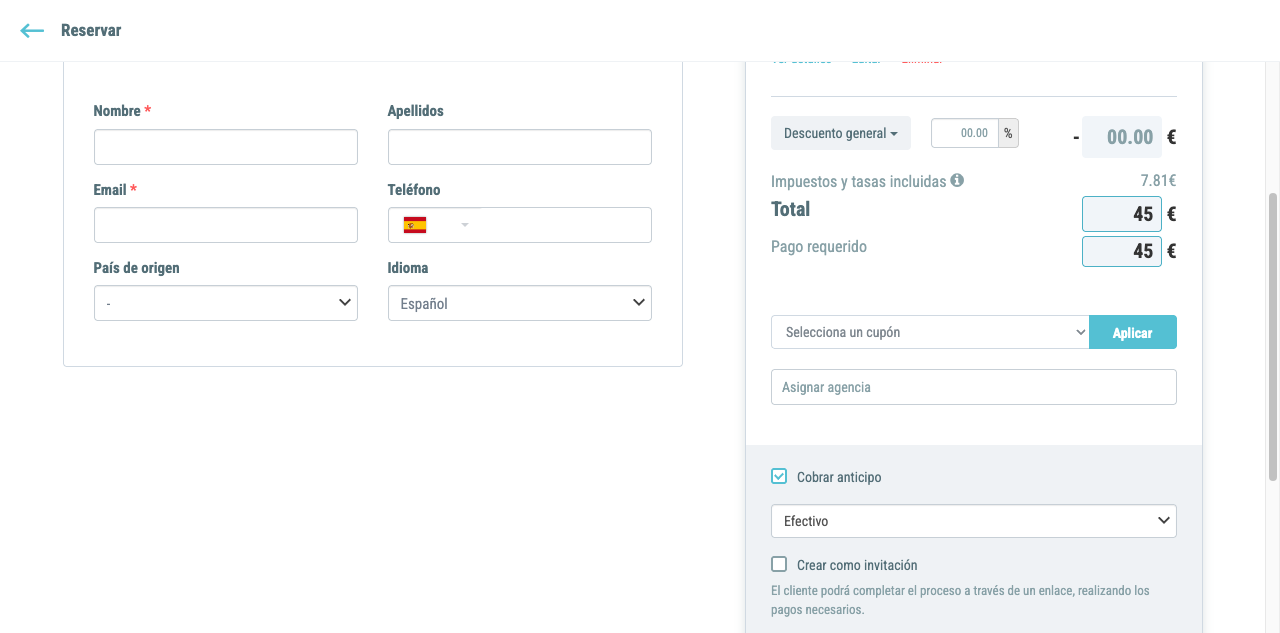 Campos editables inline con borde turquesa al hacer hover: total, anticipo y descuento