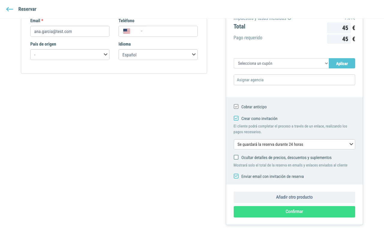 Resumen con el modo invitación activado: casilla Crear como invitación y selector de tiempo de expiración