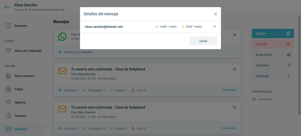 Modal de detalles del mensaje con tracking por destinatario