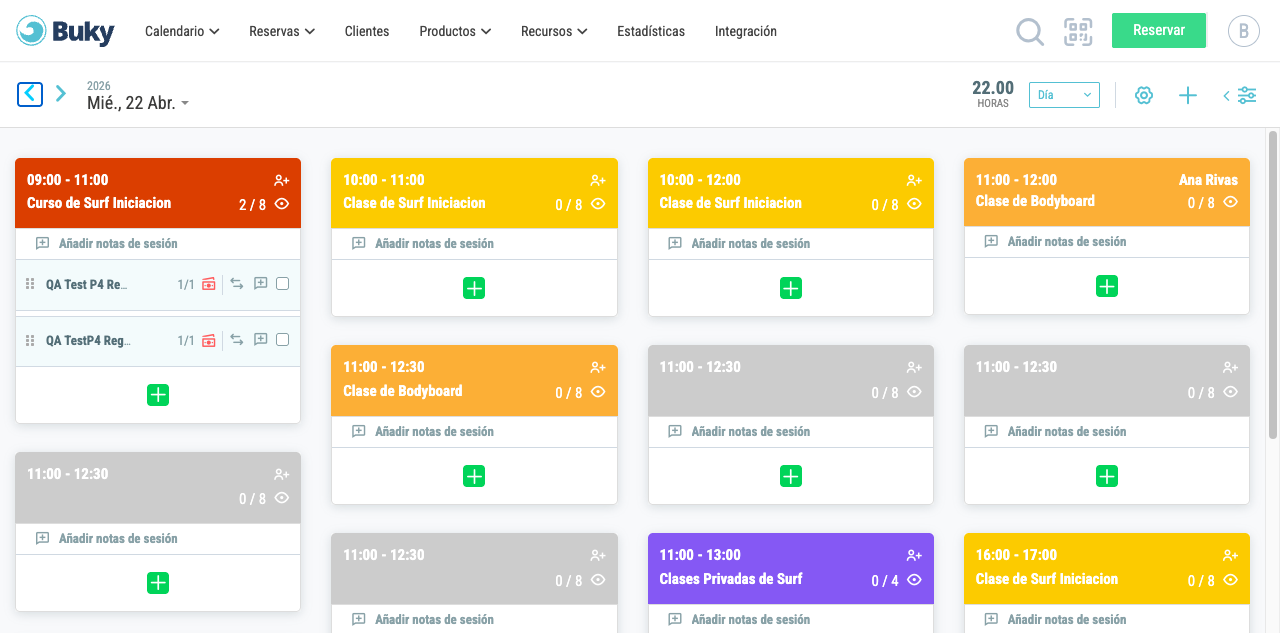 Vista del calendario en modo día con sesiones programadas