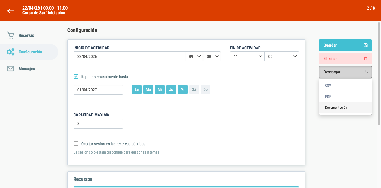 Menú desplegable del botón Descargar con las opciones CSV, PDF y Documentación