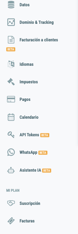 Menú lateral de Configuración con el bloque Mi plan: Suscripción y Facturas