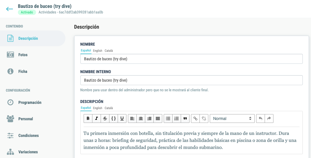 Ficha de la actividad «Bautizo de buceo (try dive)» en la pestaña Descripción
