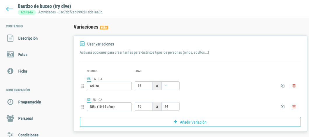 Pestaña Variaciones con «Usar variaciones» activado: Adulto (desde 15 años) y Niño (10-14 años)