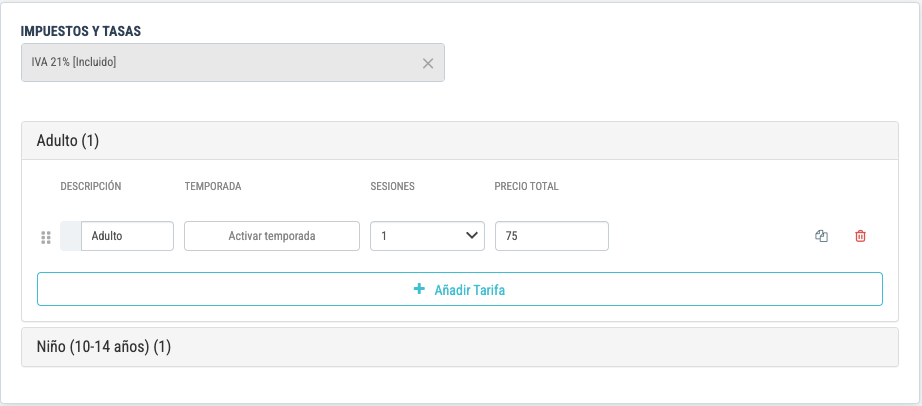 Pestaña Tarifas: cada variación tiene su propio desplegable con su precio por persona (Adulto, 75 €; Niño, 60 €)