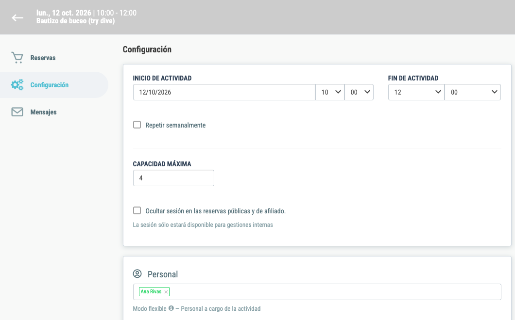 Configuración de una sesión del bautizo: horario, capacidad máxima de 4 plazas e instructora asignada