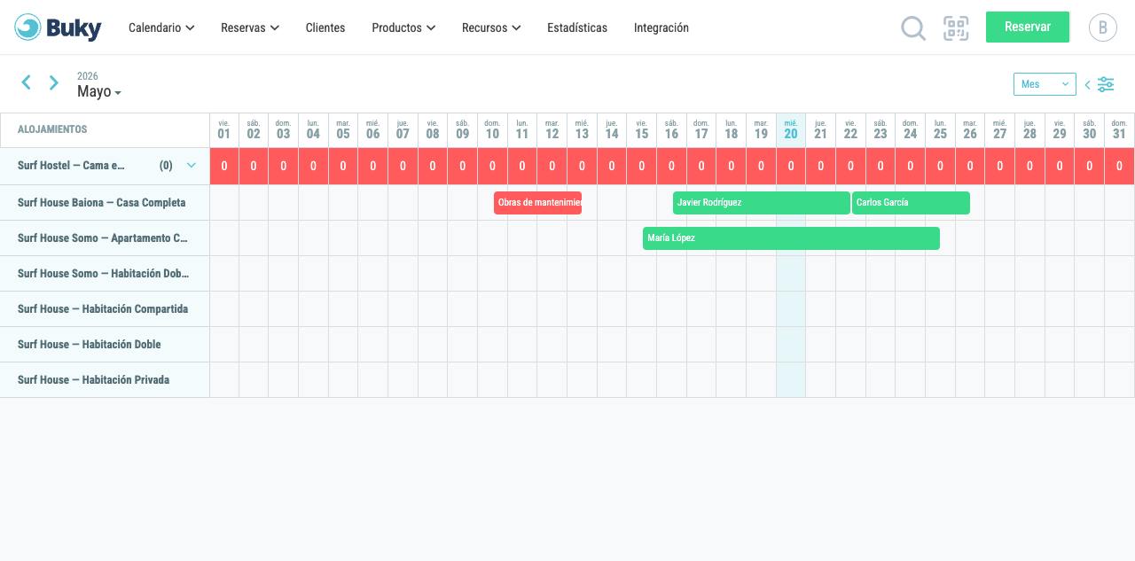Vista general del calendario de alojamientos en modo Mes