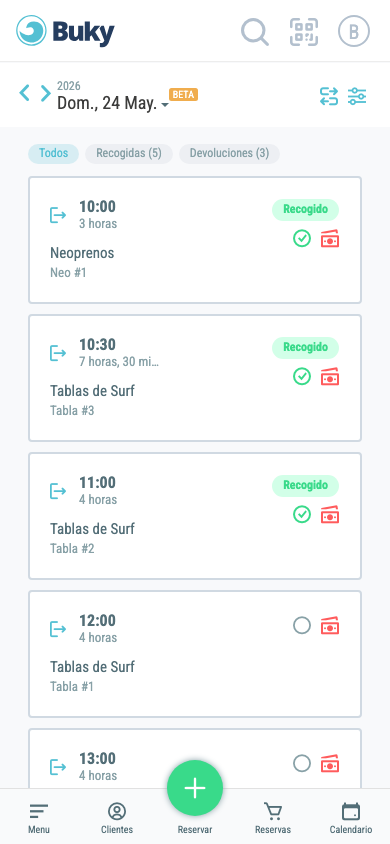 Vista Entradas y salidas en dispositivo móvil con pestañas Todos, Recogidas y Devoluciones