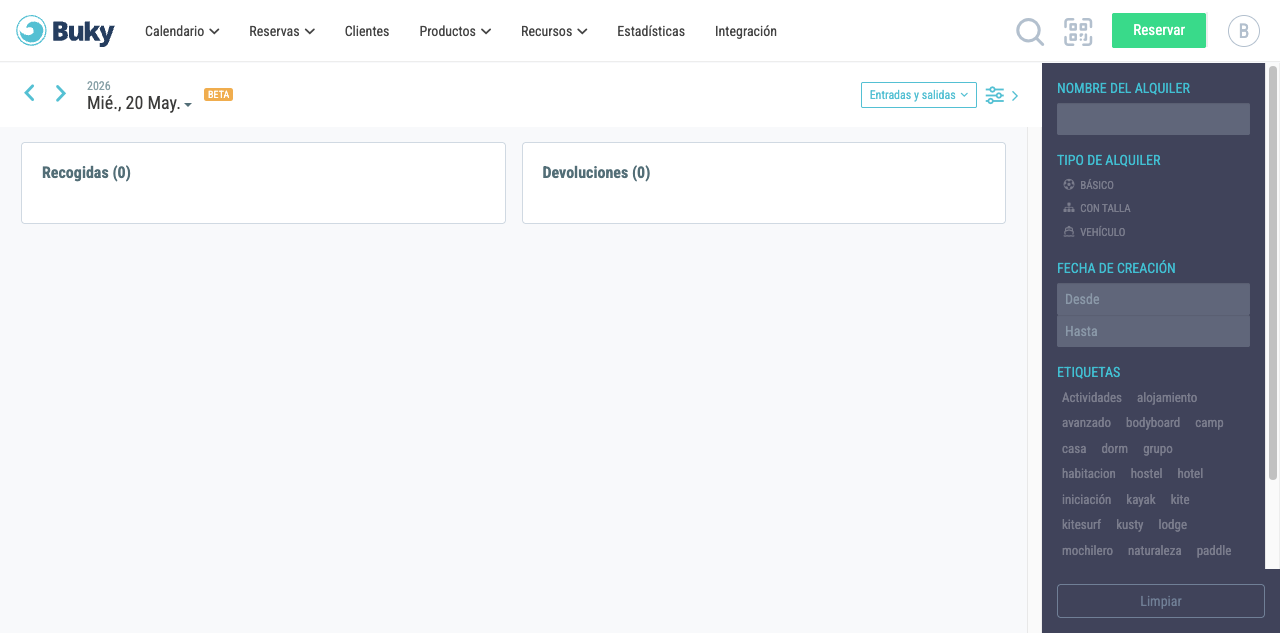 Panel de filtros con nombre, tipo, fecha y etiquetas