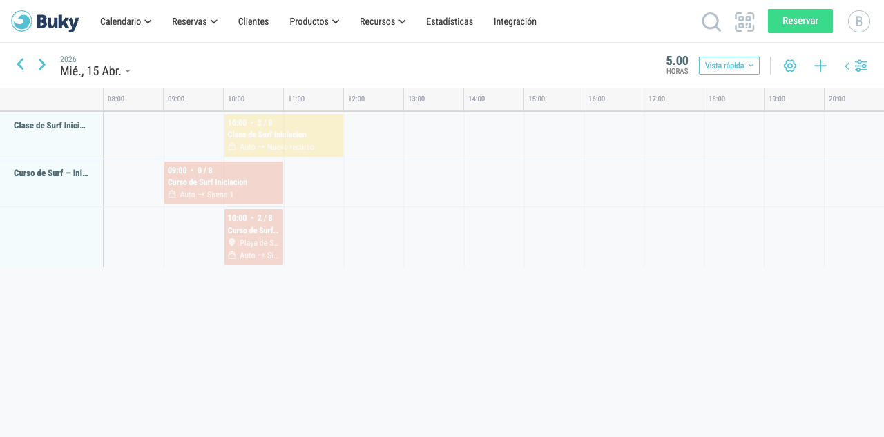 Vista rápida del calendario, con las sesiones agrupadas por actividad en filas horizontales y franjas horarias de 08:00 a 20:00