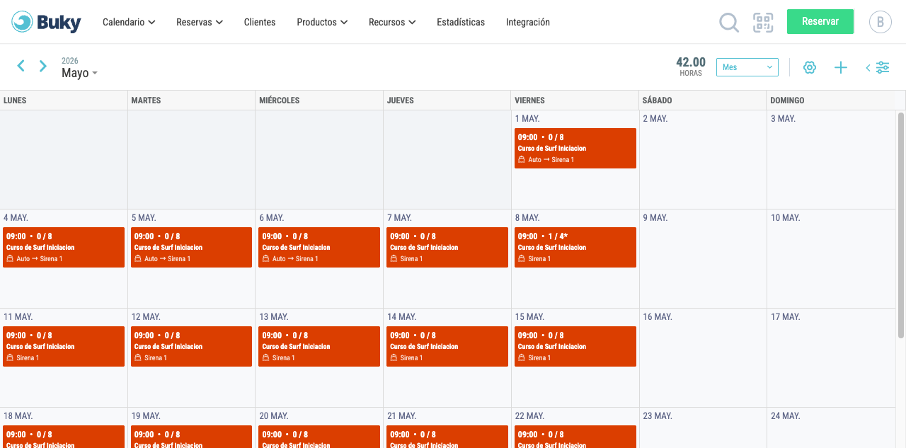 Vista Mes del calendario, mostrando las sesiones de todo el mes como barras de color en formato cuadrícula