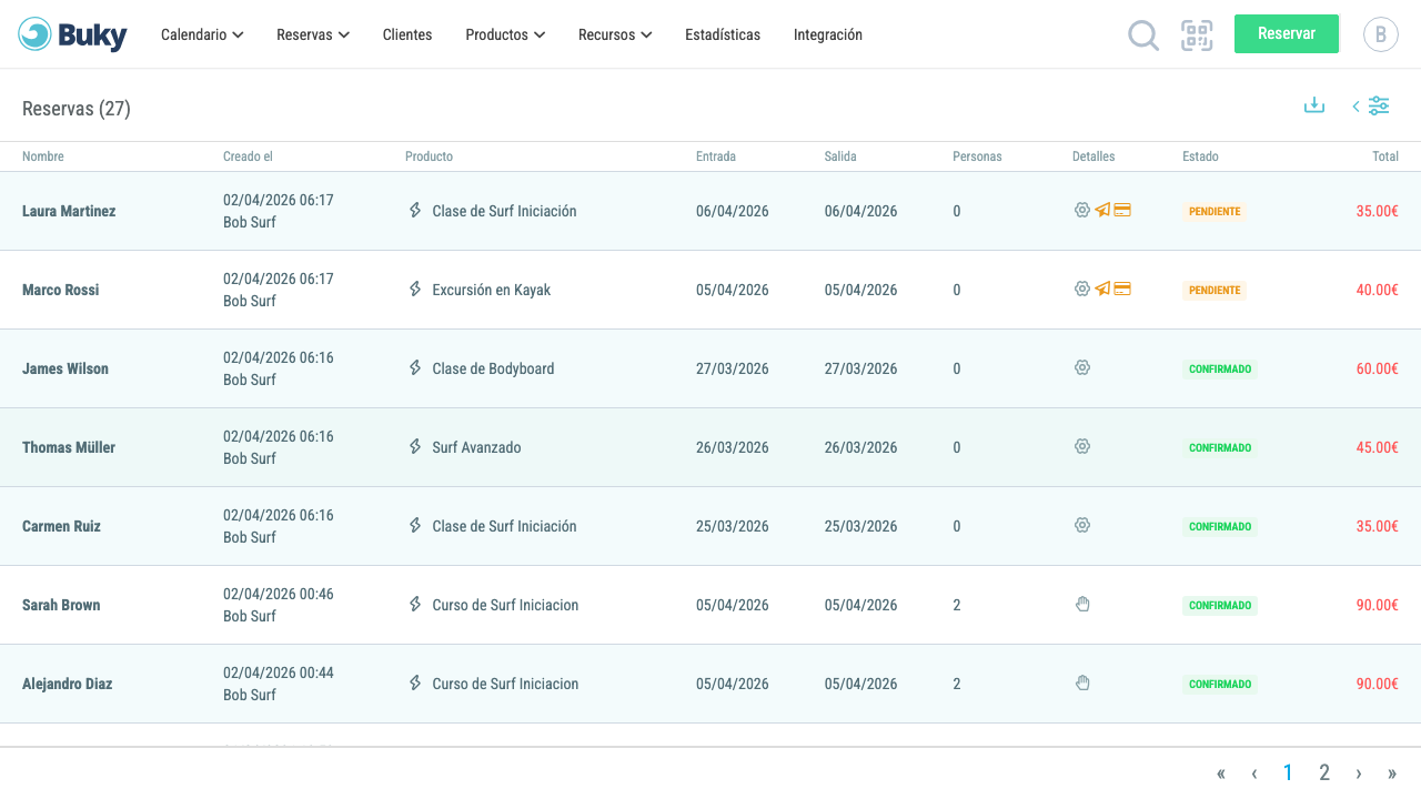 Listado de reservas en BukyApp