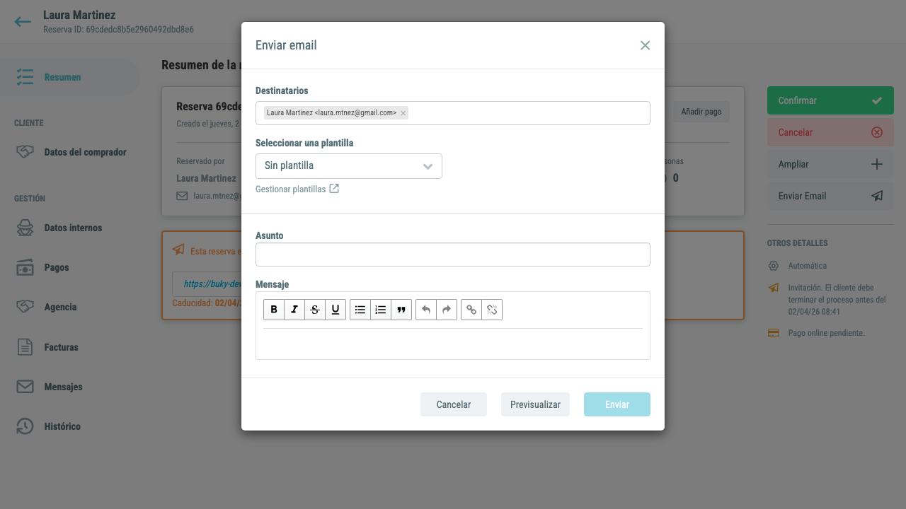 Modal de envío de email desde una reserva