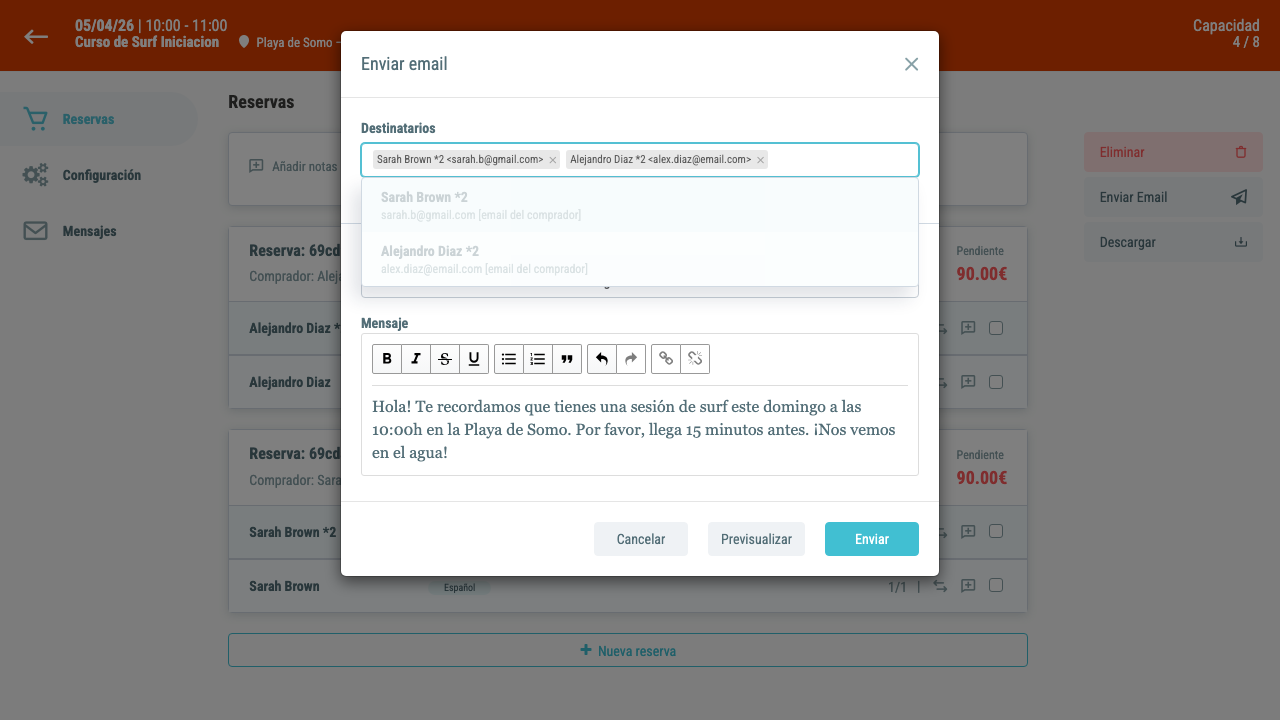 Modal de envío con asunto y mensaje completos